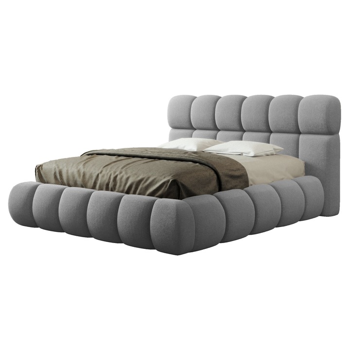 Pat dublu tapitat Bubble Premium, cadru lemn si pal, 160x200 cm, velur, gri, cu somiera rabatabila si lada depozitare
