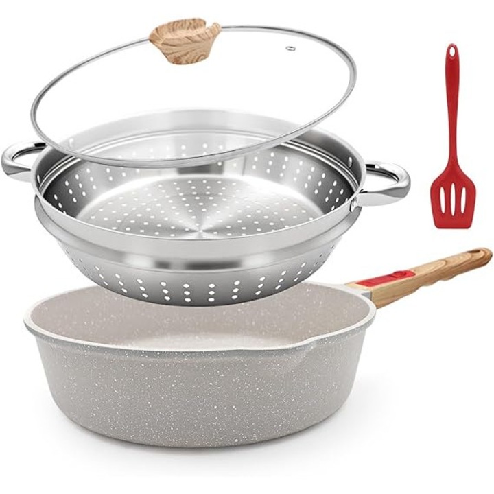 Tigaie Frying Pan 28 cm cu capac, set, cos pentru aburi / strecuratoare, spatula din silicon cu maner detasabil, sigura pentru cuptor (alb)