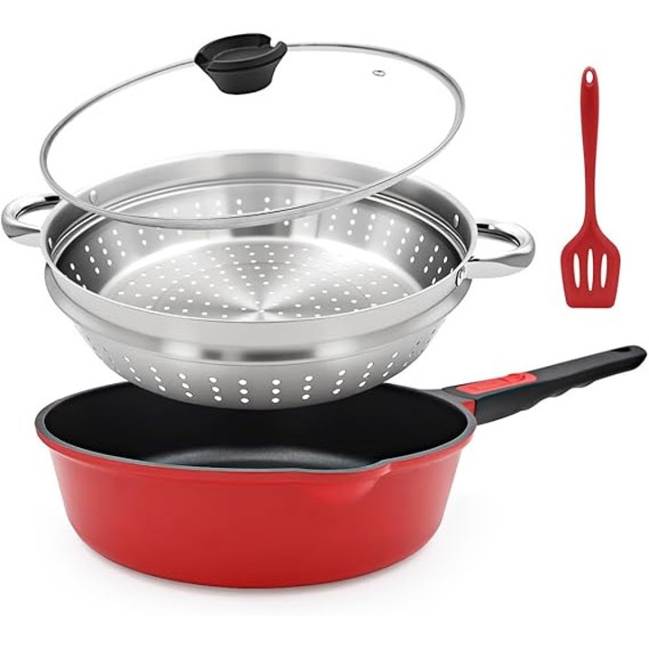 Tigaie bobikuke de 28 cm cu capac, set de 4 piese: tigaie antiaderenta cu capac, cos pentru abur/scurgere, spatula din silicon, cu maner detasabil, potrivita pentru cuptor (rosu-negru)
