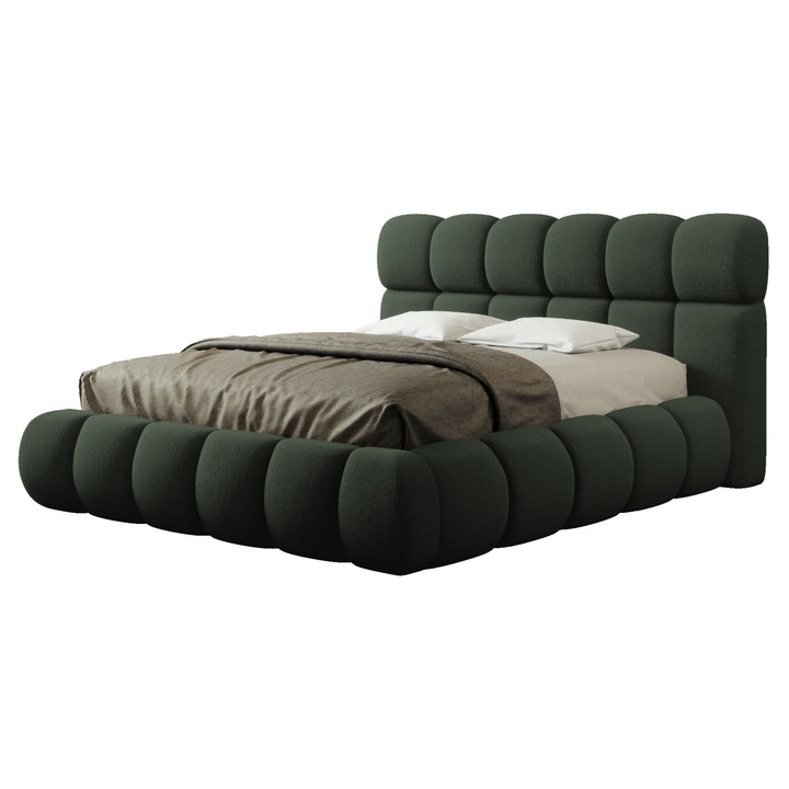 Pat dublu tapitat Bubble Premium, cadru lemn si pal, 180x200 cm, velur, verde, cu somiera rabatabila si lada depozitare