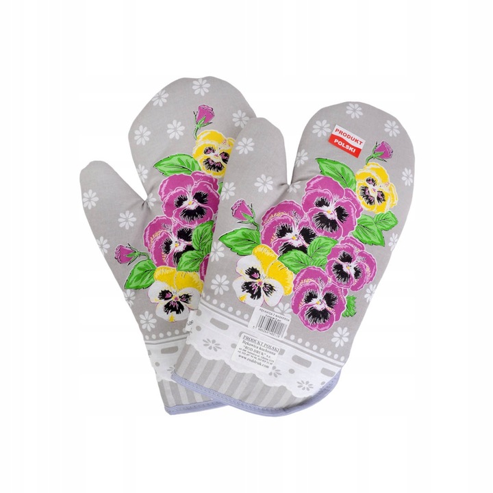 Set 2 mănuși de bucătărie cu magnet, model flori, bumbac, 30x17cm, gri