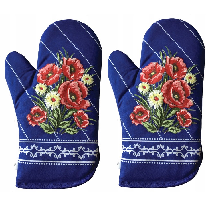 Set 2 Mănuși de Bucătărie Albastre cu Maci, Bumbac 100%, 30x17cm