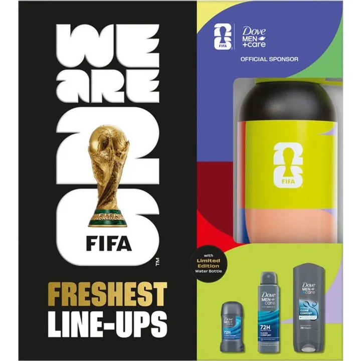 Dove Men+Care Fifa Freshest ajándékszett: tusfürdő 2 az 1-ben, 250 ml + dezodor spray, 150 ml + stift dezodor, 50 ml + újrafelhasználható kulacs