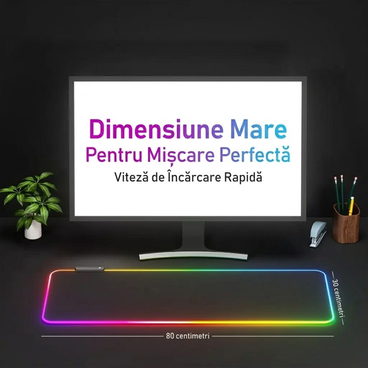 Подложка за мишка Gaming RGB XPQKDC® с LED осветление, Големи размери 800x300x4 мм, Микротекстурирана текстилна повърхност за максимална прецизност, Неплъзгаща се гумена основа, Модерен дизайн за офис и игри