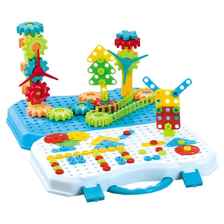 Jucarie Educativa Si Interactiva Set De Constructie Puzzle Din ABS Cu Bormasina Pentru Dezvoltatea Creativitatii Si A Indemanarii 2D si 3D, Valiza, +3, 31x7x25 cm, 336 Piese