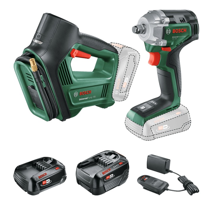 Bosch 0615A5009C 2 darabos szerszámkészlet 18 V-os PBA akkumulátorral, 18 V-350 ütvecsavarozó, UniversalPump kompresszor, 1db 2 Ah akkumulátor, 1db 4 Ah akkumulátor és töltő
