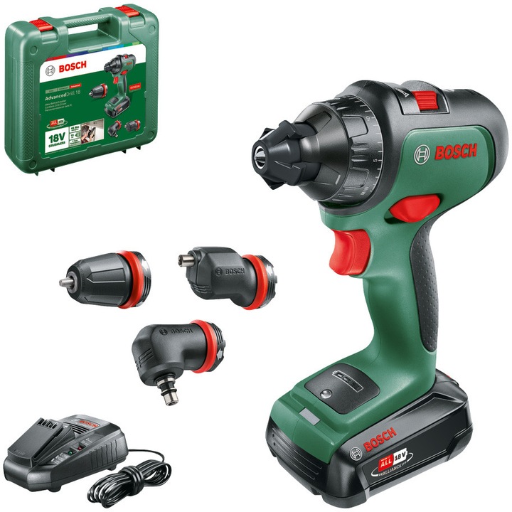 Bosch AdvancedImpact 1 06039B5007 akkus fúró-csavarozó, 18 V, 1350 RPM, 36 Nm maximális nyomaték, 2 LED sebességfokozat, Adapterek, 1db 2.5 Ah akkumulátor, Töltő, Koffer