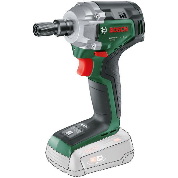 Bosch UniversalImpact 18V-350 ütvecsavarozó, 18V, 350Nm, 3400 ütés/perc, 3 sebességfokozat, 1/2'' behajtás, Dugókulcskészlet, Akkumulátor és töltő nélkül