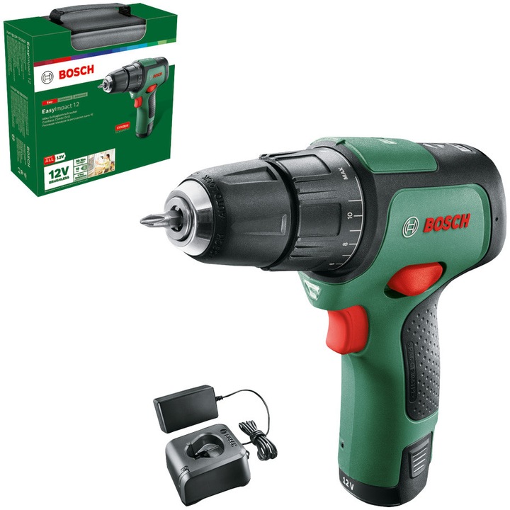 Bosch EasyImpact 12 06039B6104 akkus fúró-csavarozó, 12V, 30Nm, 10 mm tokmány, 2Ah akkumulátor, Töltő
