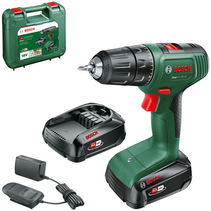 Bosch UniversalDrill 18V-40 06039D8005 akkus fúró és csavarhúzó, 32 Nm, 2 sebességfokozat, 13mm tokmány, 2db 2 Ah akkumulátor, Töltő