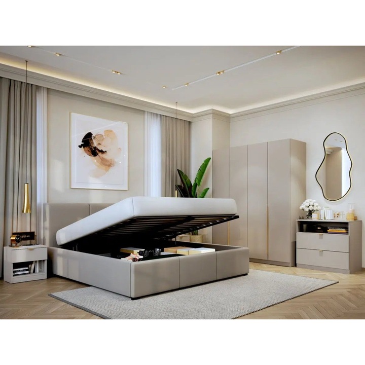 Set Dormitor Auris, Bej/Casmir, C09, Pat Rabatabil 160x200, 2 Noptiere, Comoda si Dulap 1.64m cu Soft close