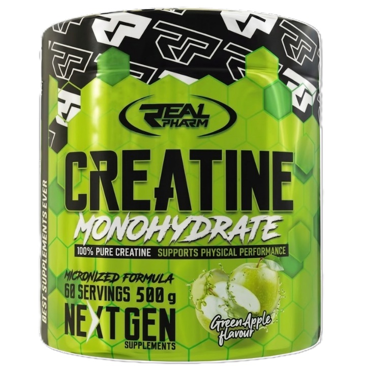 Creatina monohidrata Real Pharm, pudra 500 g, Creapure, pentru masa musculara, aroma mar verde, supliment alimentar pentru sportivi, calitate superioara, sustinere pentru antrenament intens