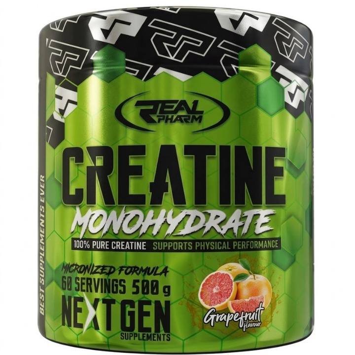 Creatina monohidrata Real Pharm, pudra 500 g, Creapure, pentru masa musculara, aroma grapefruit, supliment alimentar pentru sportivi, calitate superioara, sustinere pentru antrenament intens