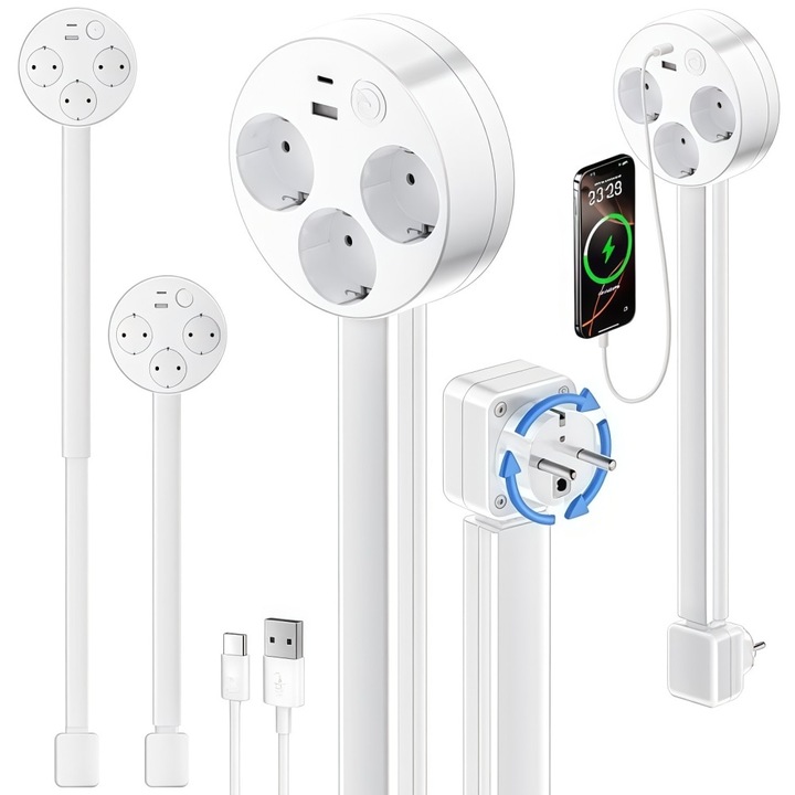 Kihúzható aljzatos hosszabbító, állítható tápkábel-hosszabbító – USB-A, USB-C csatlakozóval, 180°-ban elforgatható, 18”-26” kihúzható hosszúság, fúrás nélküli rögzítés – bútorokhoz, irodába és otthonra alkalmas