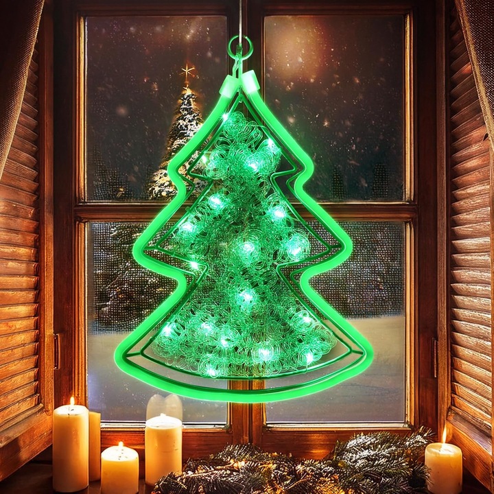 Decoratiune luminoasa pentru Craciun, CMYK, brad 3D, LED+NEON, verde, 20x30cm