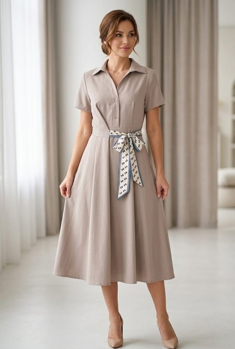 Rochie dama bej midi tip camasa cu esarfa talie elastica reglabila marime unica