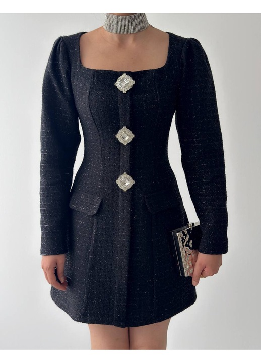 Rochie Eleganta, Culoare Negru, 36EU, Tip Sacou-Cambrata, Nasturi Bijuterie, Rochie Scurta Office & Eveniment, Stil Luxury