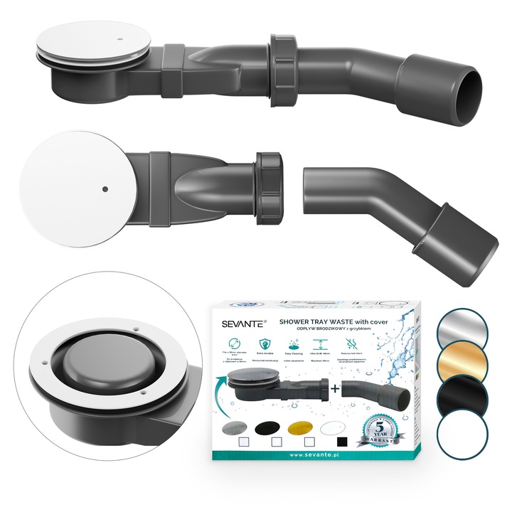 Sifon pentru cadita de dus, model Slim 90mm, inaltime 52mm, curatare de sus, capac alb