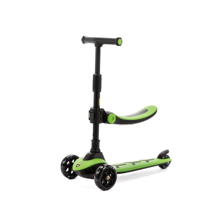 Trotineta Lamborghini 2−in−1 pentru copii cu scaun si 3 roti LED, Verde, Lambo