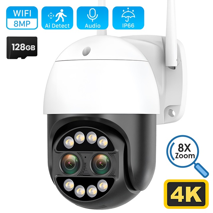 Cameră de Supraveghere Exterior, Technovici, 8MP, Zoom 8x, Vedere Nocturnă Color, Alb