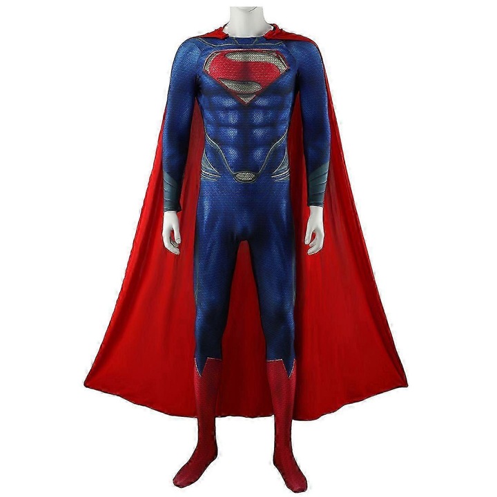 Costum Superman Man of Steel pentru adulti, cu pelerina rosie, marimi XS-XXXL