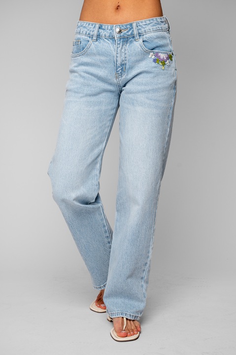 Blugi lungi elastici cu broderie florala 20802, Albastru deschis