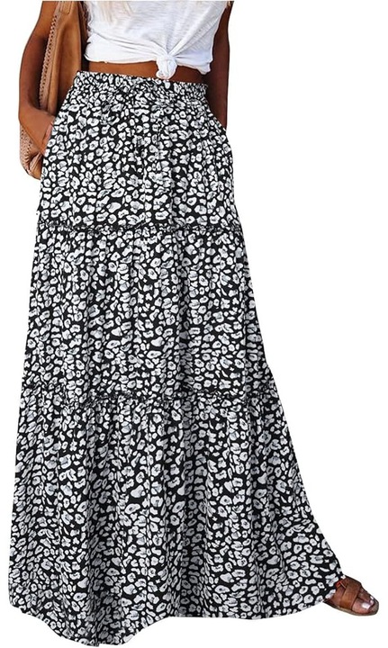 Fustă dama Byoauo lungă, talie elastică, imprimeu floral, negru și alb, mărimea L