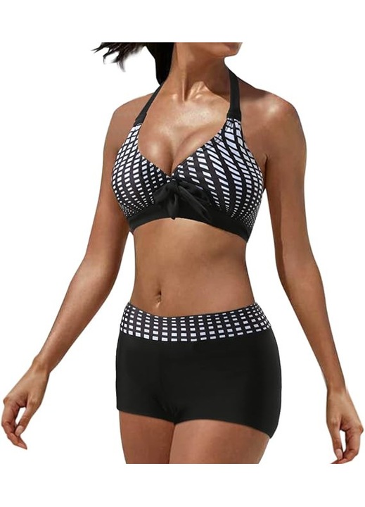 Costum de baie dama 2 piese, Jarseila, model geometric, pantaloni scurti tip boxeri si sutien push-up ajustabil cu burete detasabil, Negru/ Alb, Marimea L