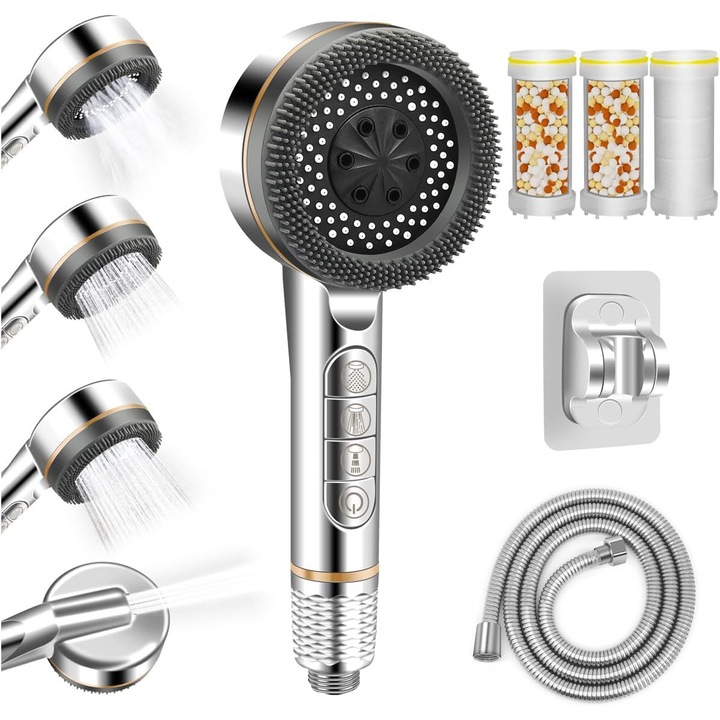 Set Para De Dus cu Filtru, Bedee®, Para de dus,4 moduri ajustabile, furtun de 1,5 m, cu suport fara gaurire, Argintiu
