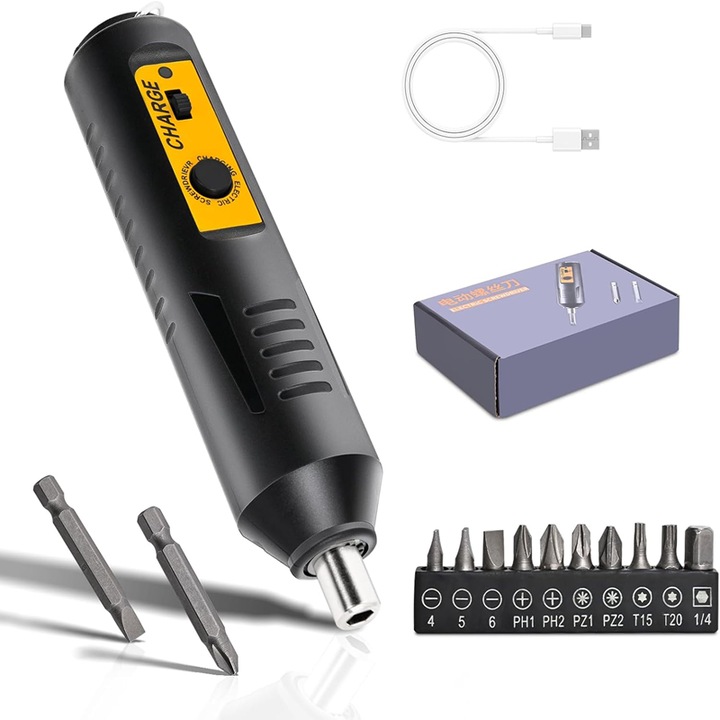 Nagy nyomatékú elektromos csavarhúzó, Bedee®, 1200mAh, vezérléshez és precizitáshoz, 12 tartozék, tárolódoboz, fekete