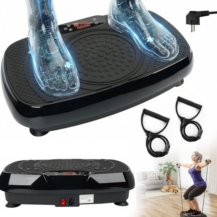 Aparat Vibromasaj, Bedee®, Aparat fitness, vibromasaj,1~120 viteze, platforma vibratii cu 2 benzi de rezistenta fitness, greutate maxim admisa 181kg, negru