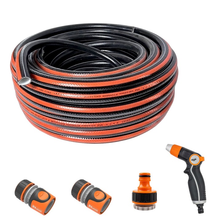 Kerti tömlő, 4 rétegű, flexibilis, erősített, 3/4", 25 m, csatlakozók, adapter, szórópisztoly, Richmann Exclusive
