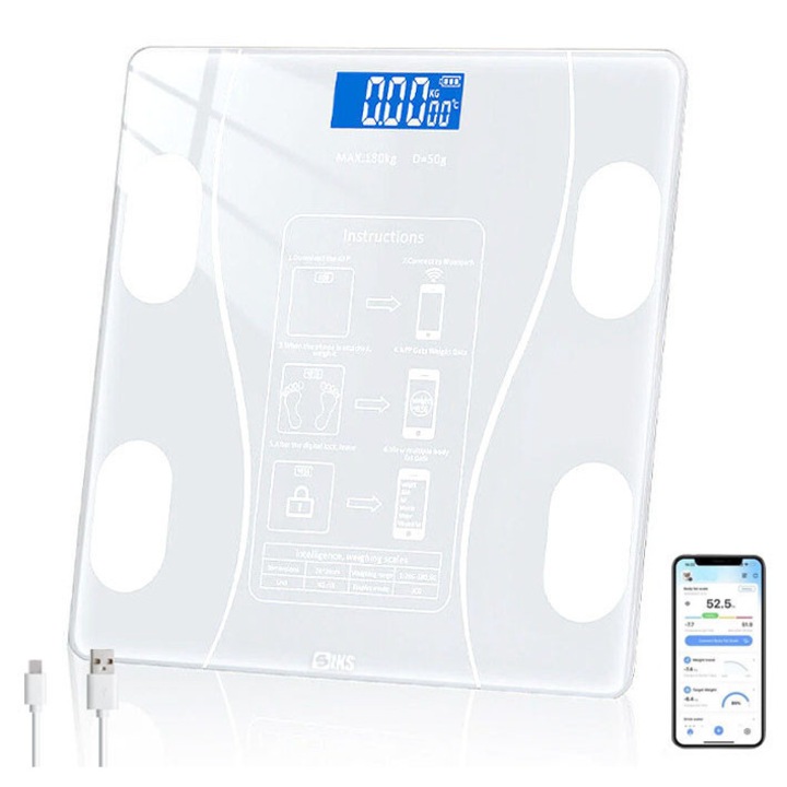 SIKS Интелигентен електронен кантар за баня със смарт приложение, телесен, осветен цифров екран, термометър, поддържа максимум 180 кг, USB зареждане, бял