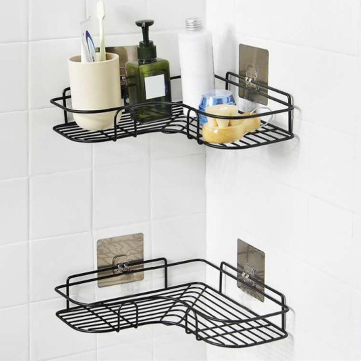 Raft colt pentru baie, stil loft, cu agatatoare autoadeziva,31 x 32.5 x 17 cm, Metal, Negru