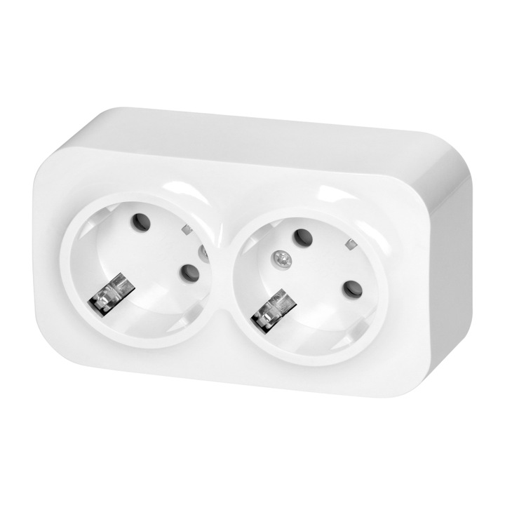 Priza dubla Schuko, ORNO, aparenta, 2 intrari, alba