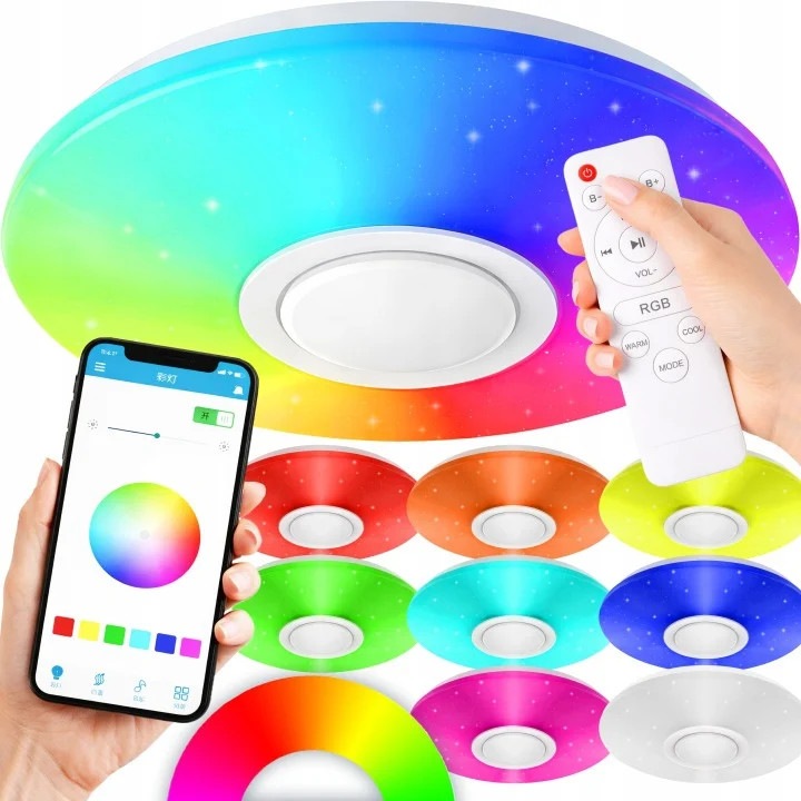 LED mennyezeti lámpa, NewEvo®, intelligens, 40W teljesítmény, telefonos/távirányítós/kapcsolós vezérlés, Bluetooth csatlakoztatott hangszóró, meleg és hideg RGB fény, szemvédelem és energiatakarékosság, 3000-6000K, 33 cm, zenei pulzálás, fehér