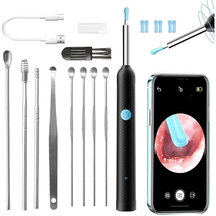 Set curatare urechi cu camera, 1080P, 6 LED-uri, IP67, tip C, pentru adulti si copii