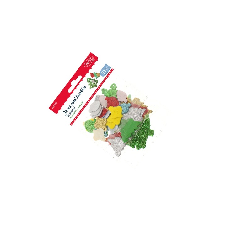 Set Accesorii Craft Autoadezive Daco, Bradatel si Globuri de Craciun, 51 Bucati, Multicolor