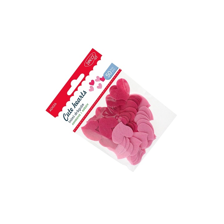 Set 50 autocolante inimi din fetru autoadeziv DACO Art, roz, 3 cm