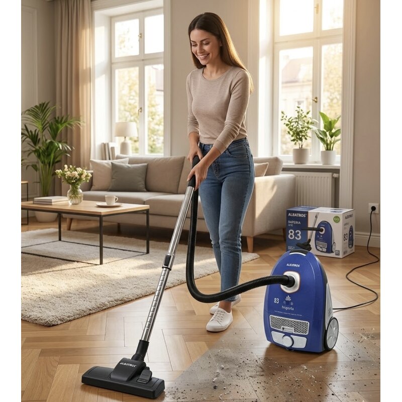Aspirator cu sac Albatros, aspirare uscata, filtru HEPA, 833 W, sistem de rulare cablu, albastru, 5 kg, accesoriu spatii inguste, perie covoare, sac textil 3.5 l, 49 x 32 x 28 cm