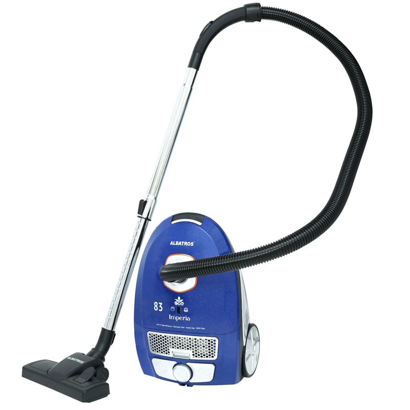 Aspirator cu sac Albatros, aspirare uscata, filtru HEPA, 833 W, sistem de rulare cablu, albastru, 5 kg, accesoriu spatii inguste, perie covoare, sac textil 3.5 l, 49 x 32 x 28 cm