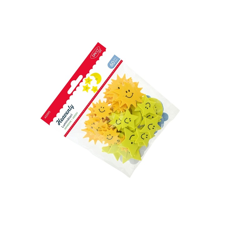 Set Accesorii Craft Dacoart, 60 Forme Autoadezive din Spuma, Luna, Soare, Nori, Stele, 3 ani