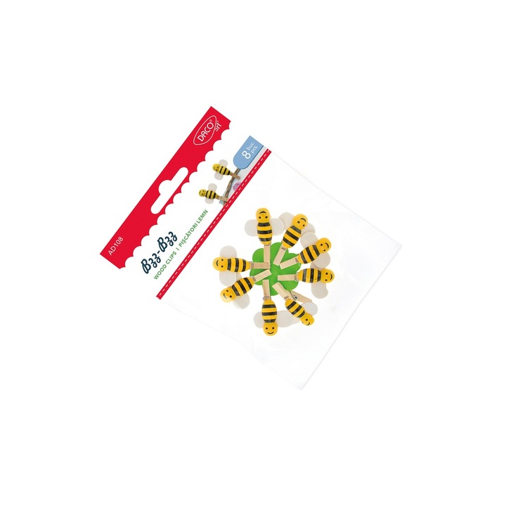 Set 8 Accesorii Decorative din Lemn Bzz-bzz Daco, Galben și Negru, 4, 3x4cm
