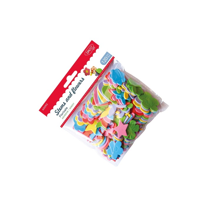 Set Accesorii Craft Multicolor Floricele din Spuma Autoadeziva, 120 bucati, pentru Proiecte Creative 4+ ani