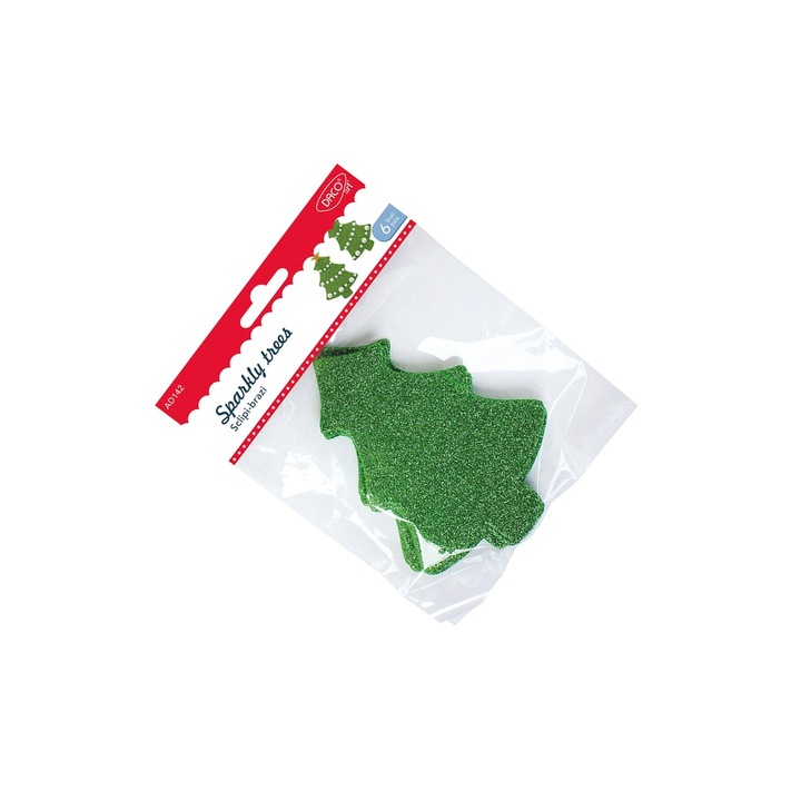 Set accesorii craft Brazi cu sclipici Daco, 6 brazi decorativi, 13x10cm, pentru copii 4 ani+
