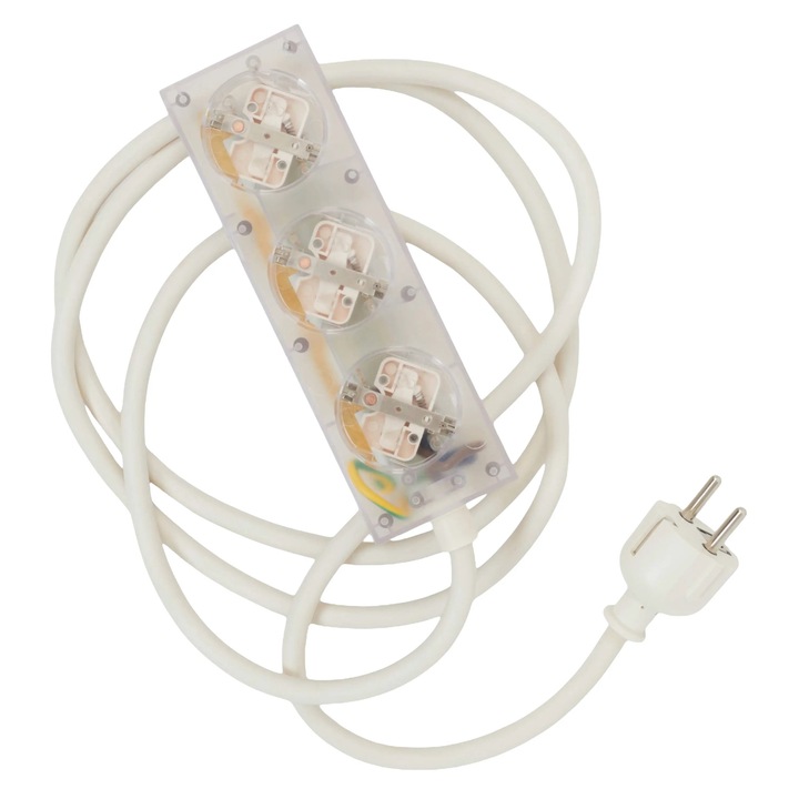 Prelungitor Power Bar Ghost, 3 prize Schuko, cablu 2m, baza magnetică, transparență, finisaj satinat, 16A