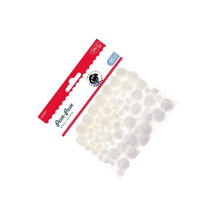Set Accesorii Craft Daco, 85 Pom-Pom-uri Albe, Diverse Diametre, 5+ ani