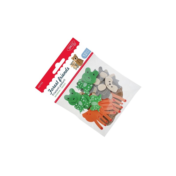 Set Accesorii Craft Prietenii Padurii, 12 Figurine Spuma Autoadeziva, Multicolor, pentru Copii 3+ ani