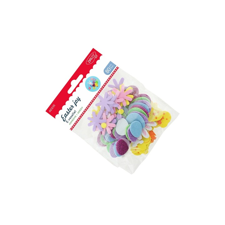Set Accesorii Craft Daco, 80 buc, Spuma Autoadeziva Glitter si Standard, Multicolor, pentru copii 3 ani