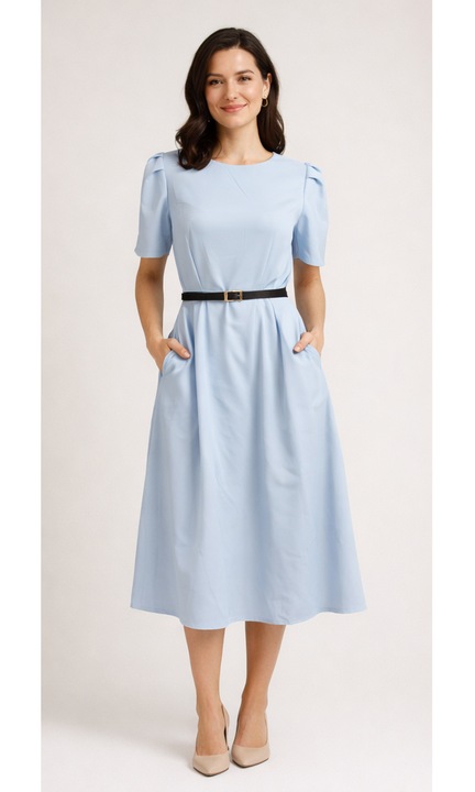 Rochie dama bleu midi eleganta casual cu buzunare si maneca scurta marime unica